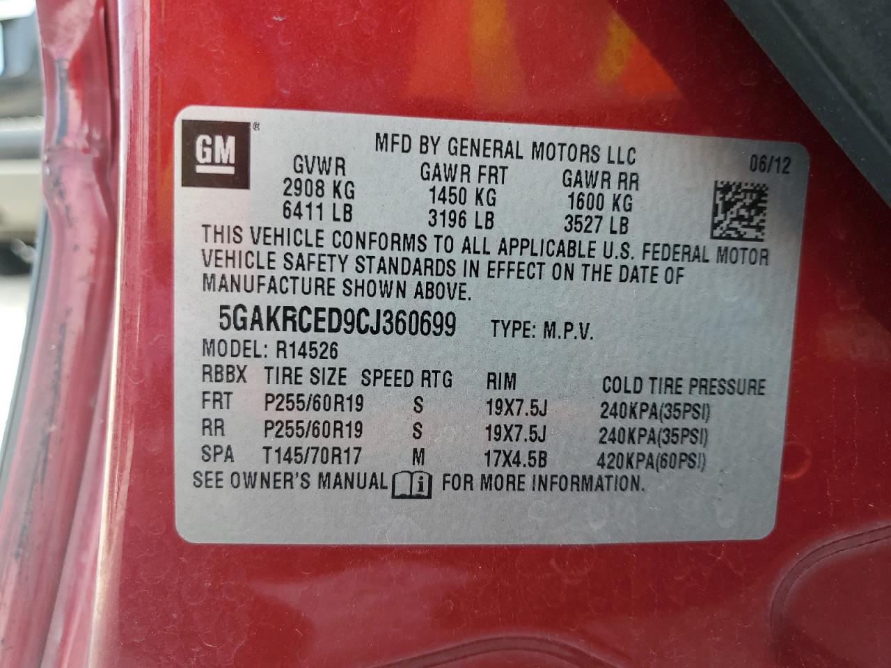 2012 Buick Enclave VIN: 5GAKRCED9CJ360699 Lot: 63982664