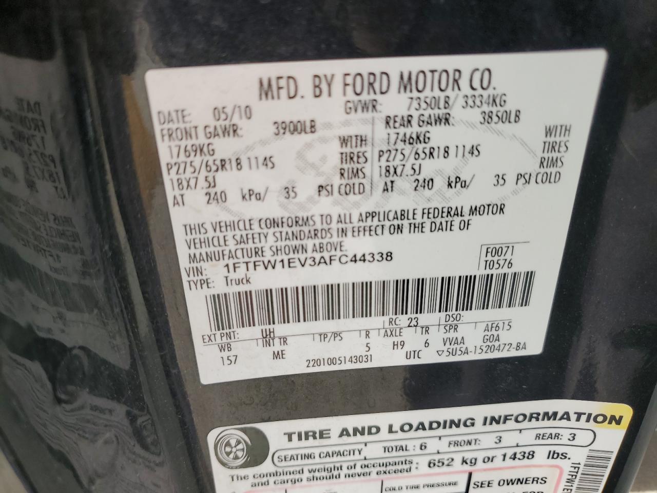 2010 Ford F150 Supercrew VIN: 1FTFW1EV3AFC44338 Lot: 60335824