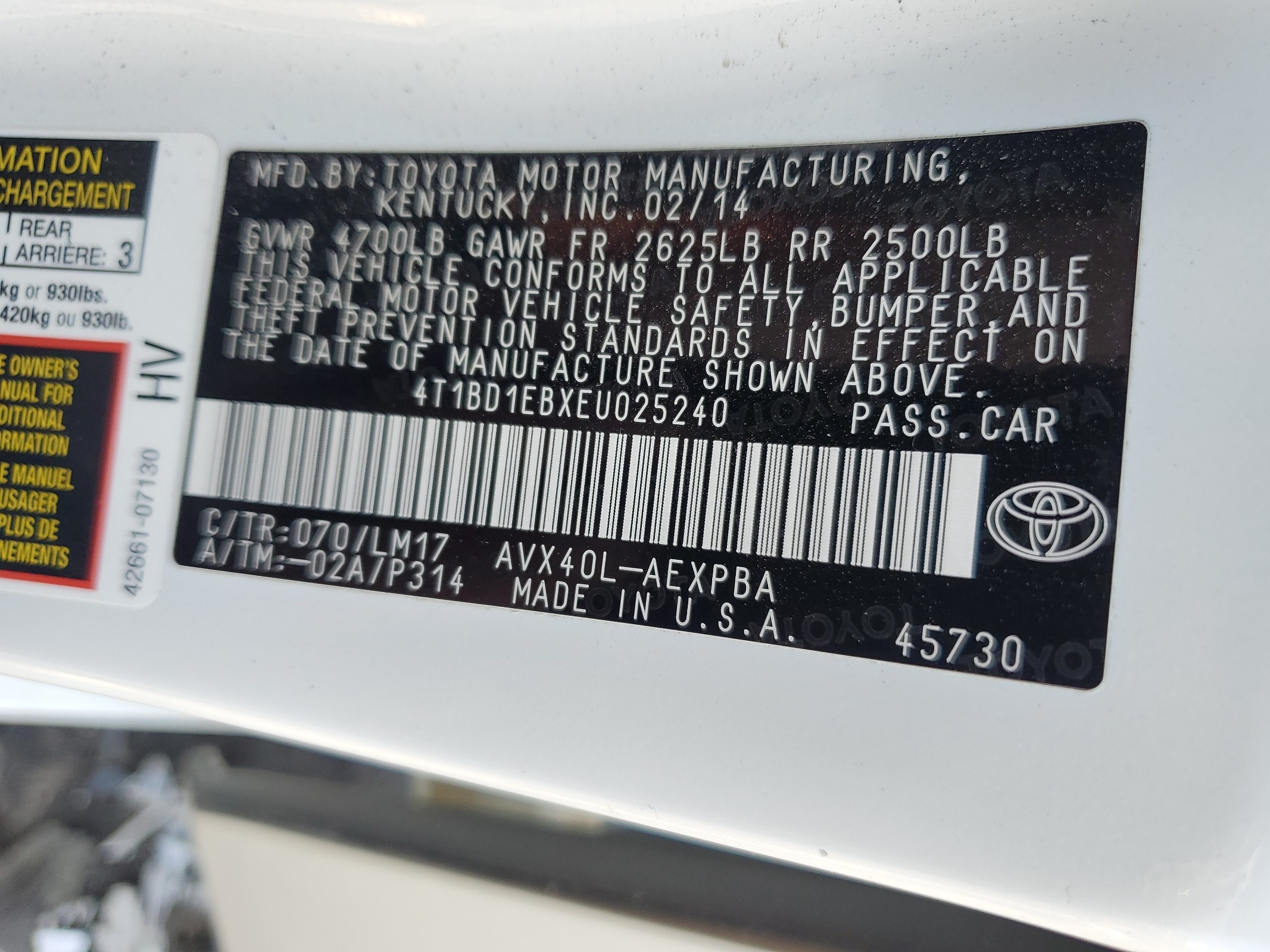 4T1BD1EBXEU025240 2014 Toyota Avalon Hybrid