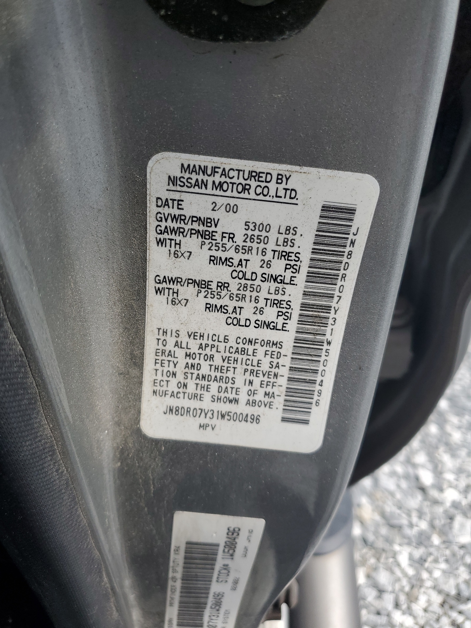 JN8DR07Y31W500496 2001 Nissan Pathfinder Le