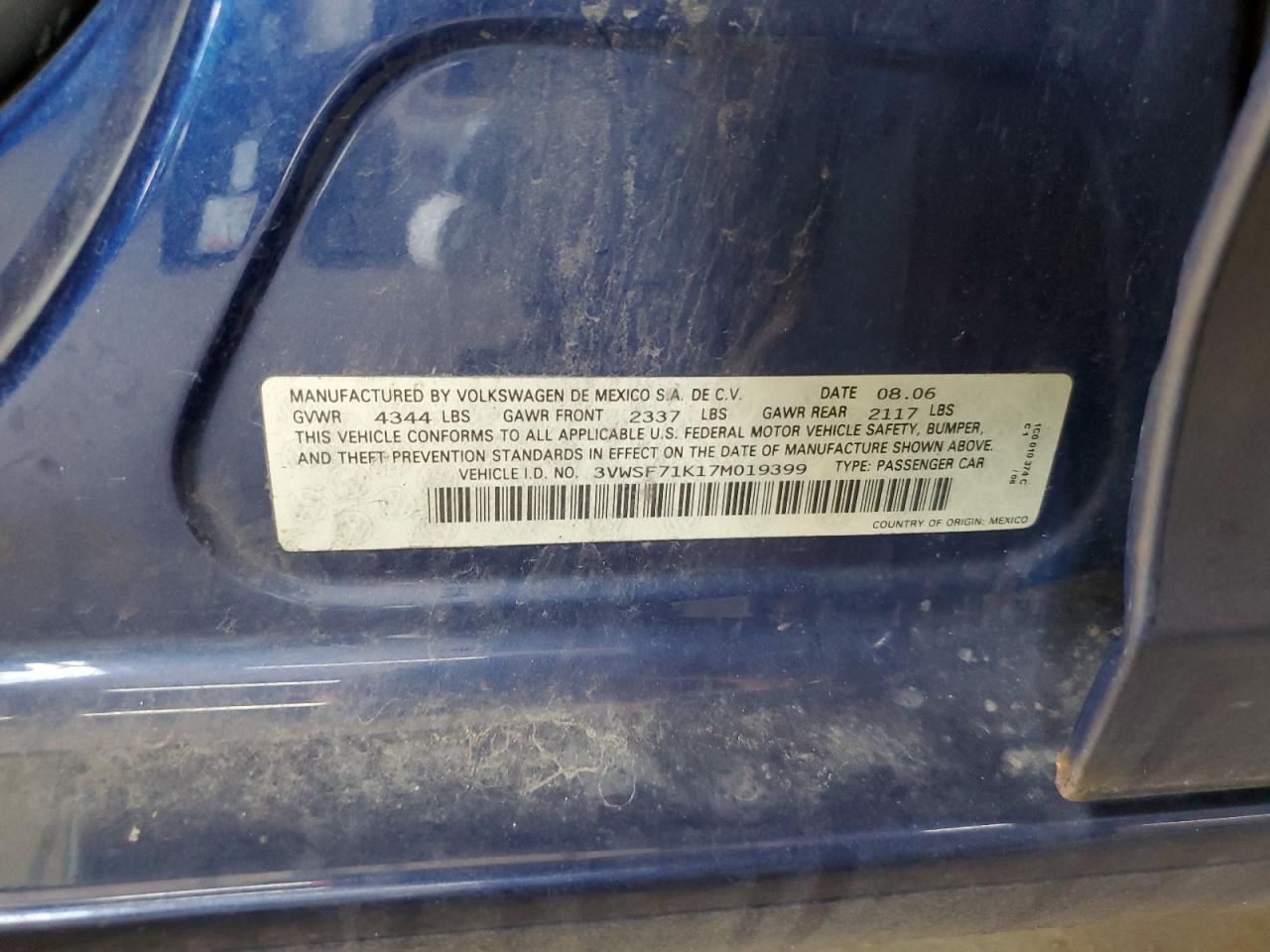 2007 Volkswagen Jetta 2.5 Option Package 1 VIN: 3VWSF71K17M019399 Lot: 63390774