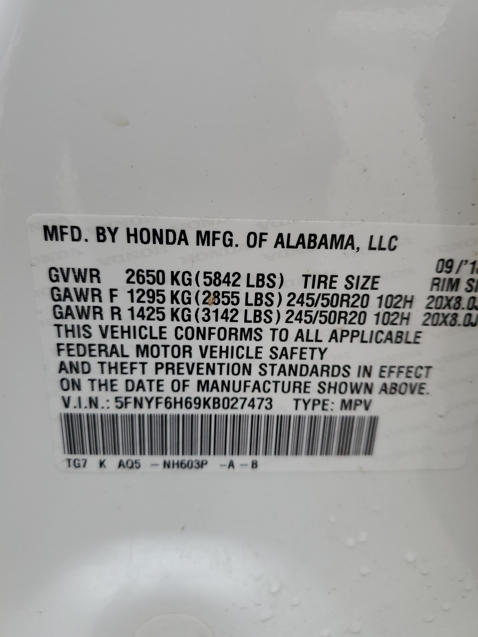 5FNYF6H69KB027473 2019 Honda Pilot Touring