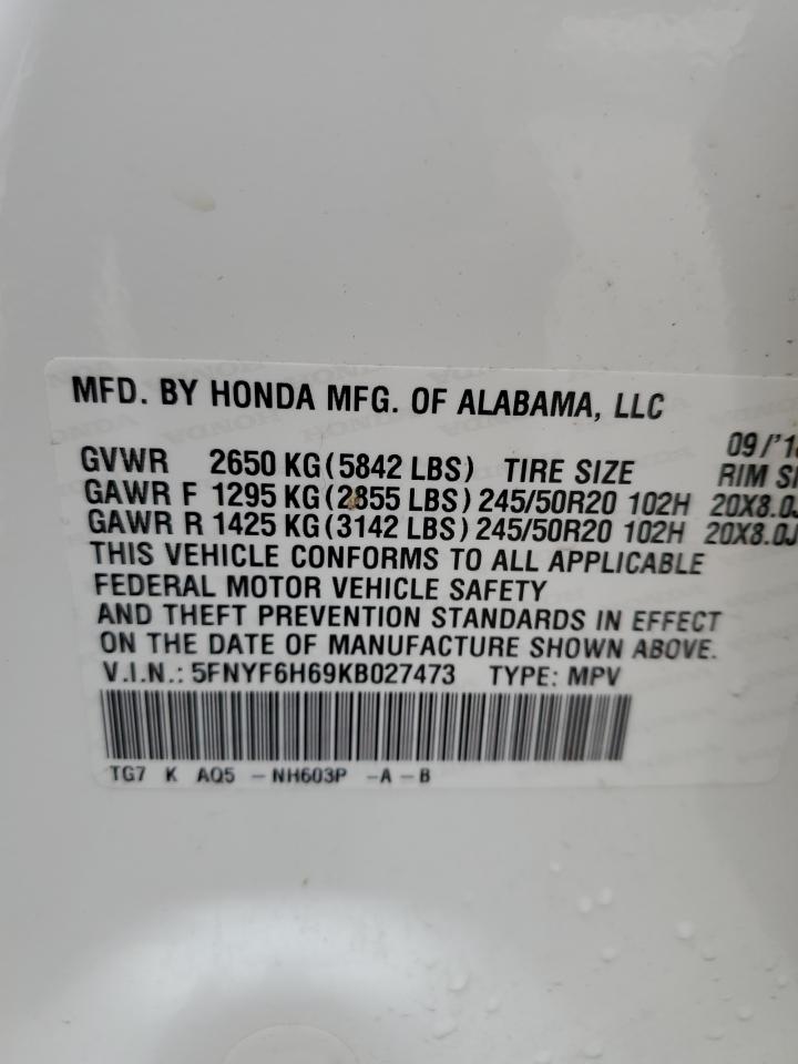 2019 Honda Pilot Touring VIN: 5FNYF6H69KB027473 Lot: 61868364