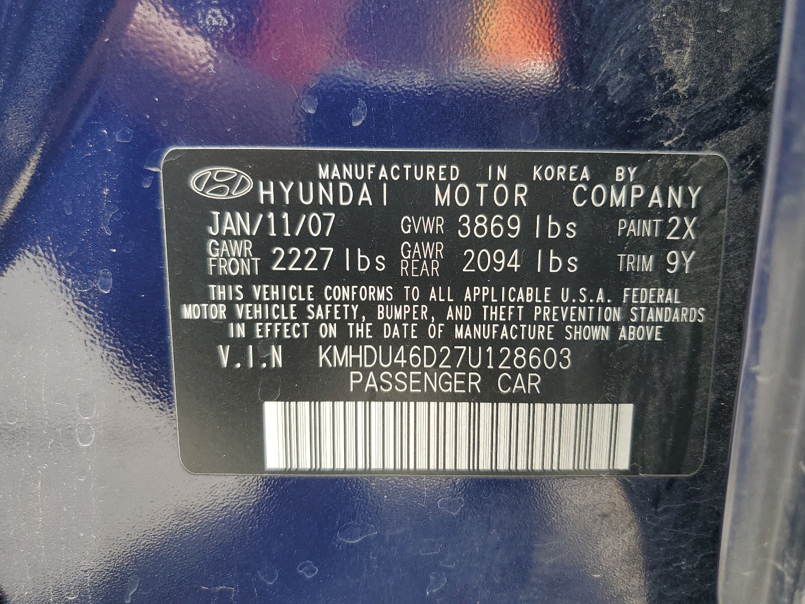 KMHDU46D27U128603 2007 Hyundai Elantra Gls