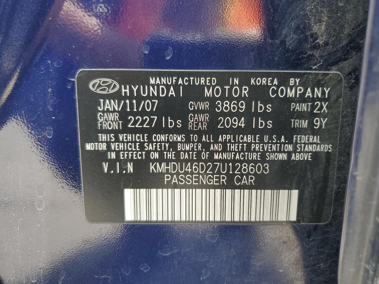 2007 Hyundai Elantra Gls VIN: KMHDU46D27U128603 Lot: 64759434