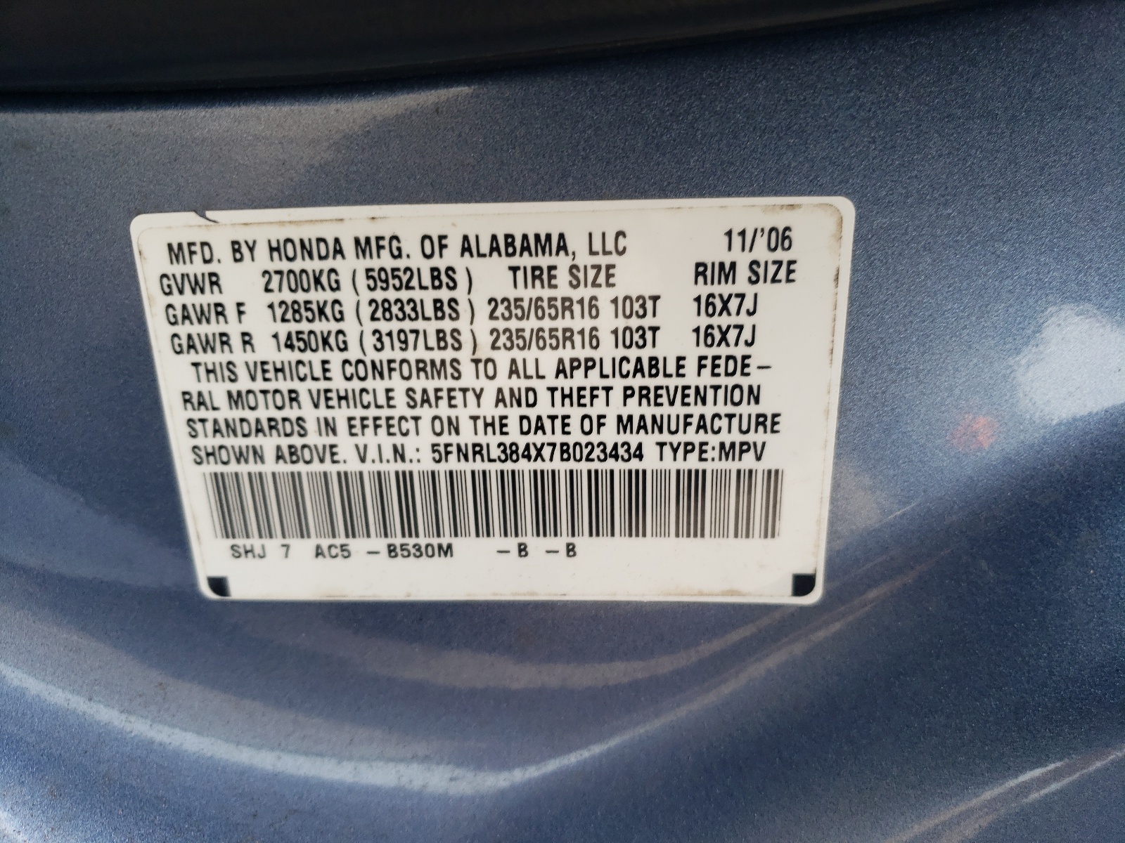 5FNRL384X7B023434 2007 Honda Odyssey Ex