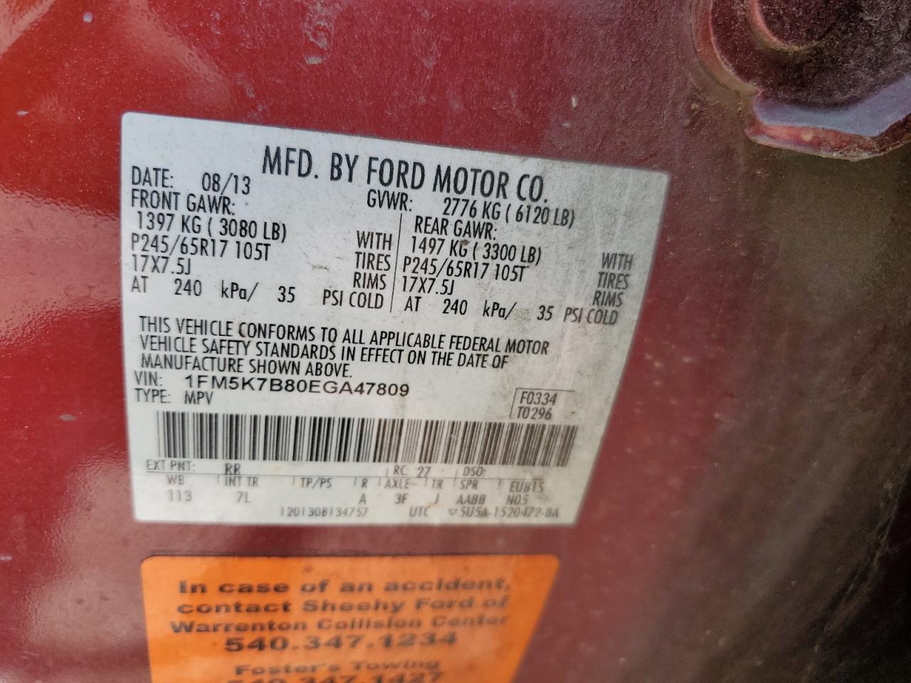 2014 Ford Explorer VIN: 1FM5K7B80EGA47809 Lot: 61752194