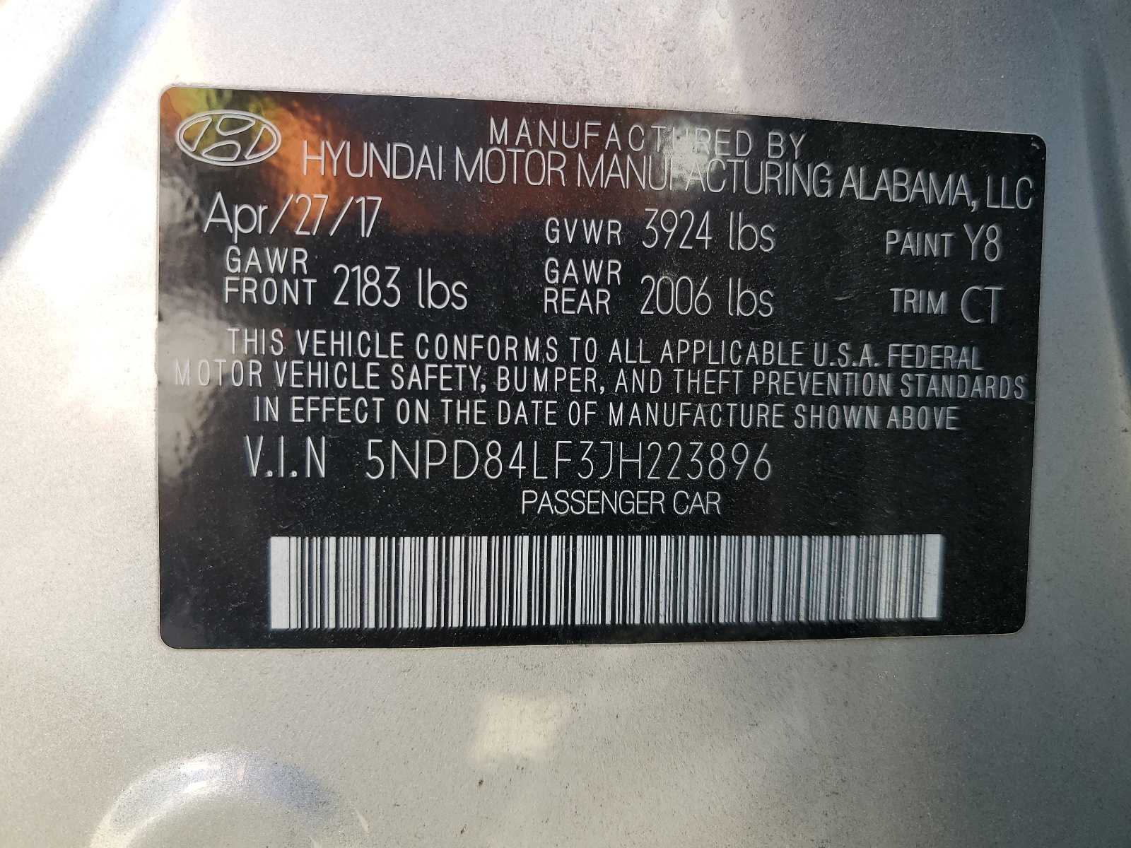 5NPD84LF3JH223896 2018 Hyundai Elantra Sel