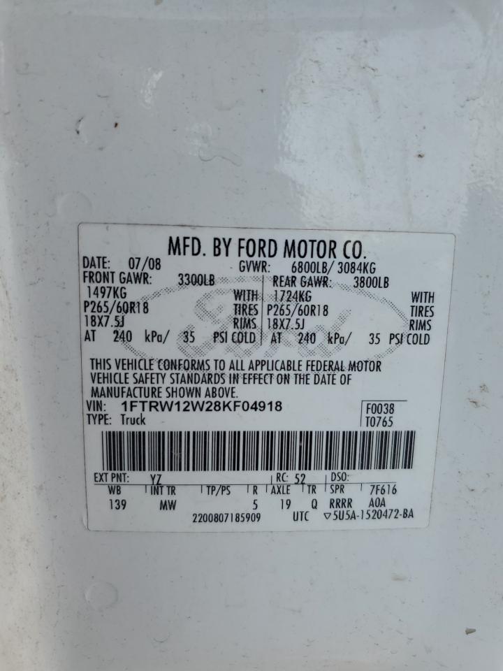 2008 Ford F150 Supercrew VIN: 1FTRW12W28KF04918 Lot: 64239834