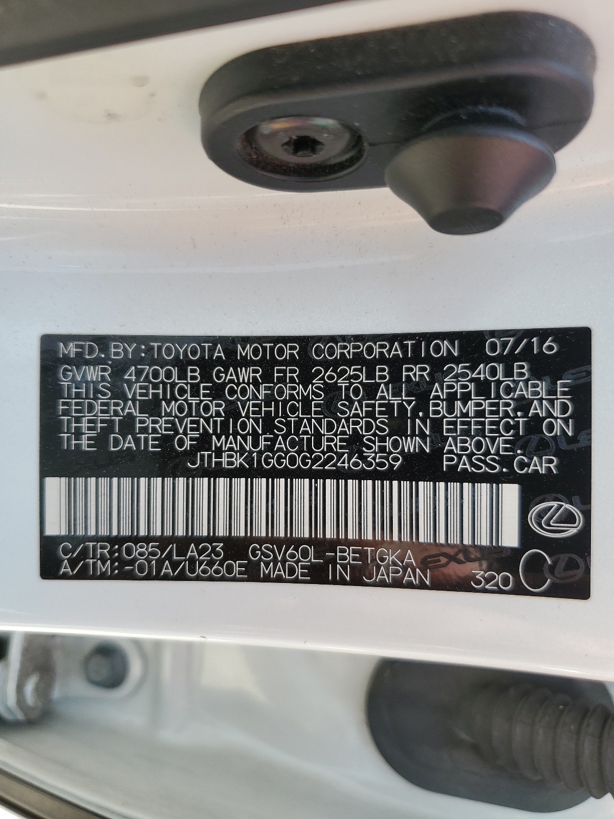 JTHBK1GG0G2246359 2016 Lexus Es 350