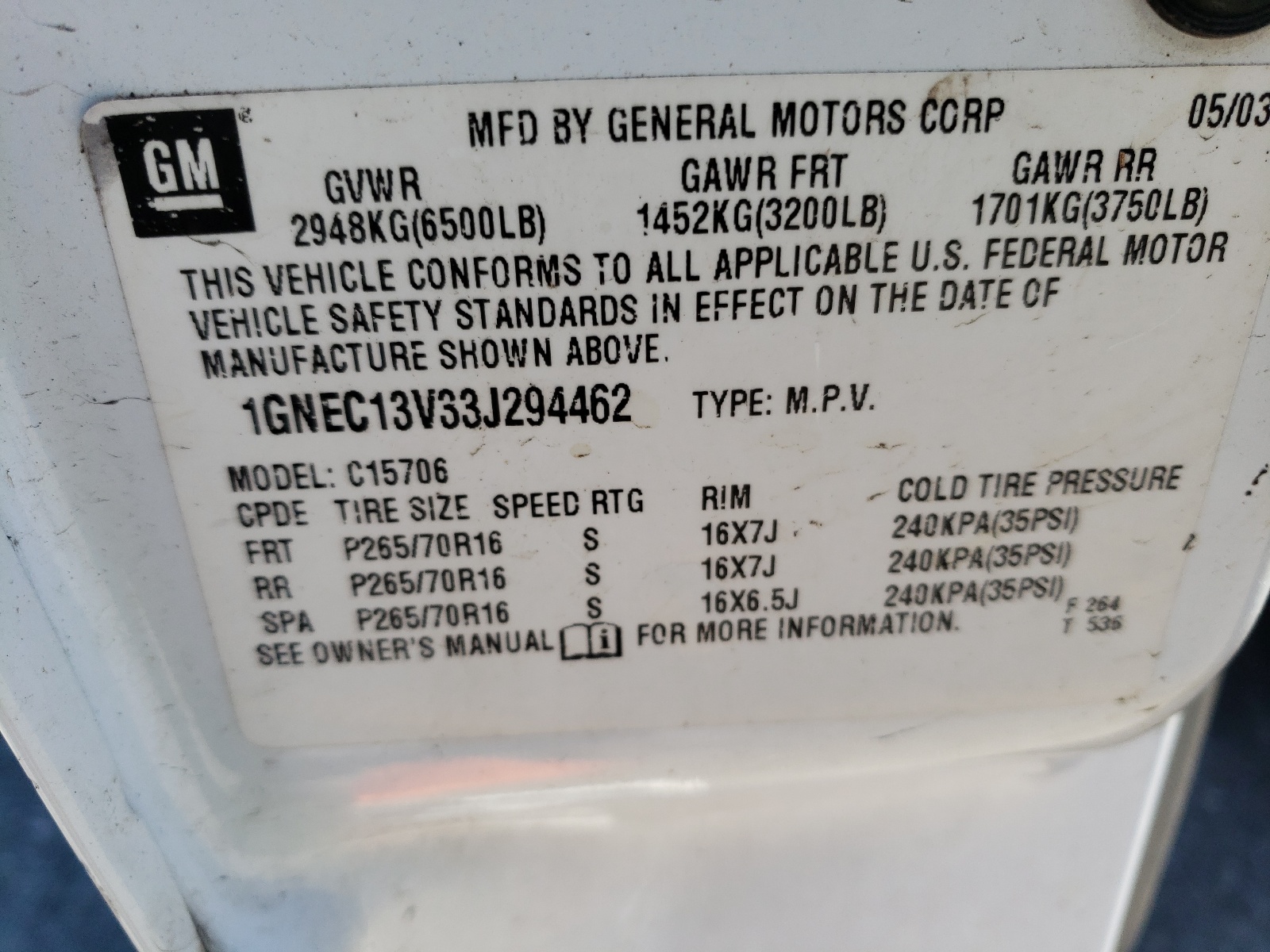 1GNEC13V33J294462 2003 Chevrolet Tahoe C1500