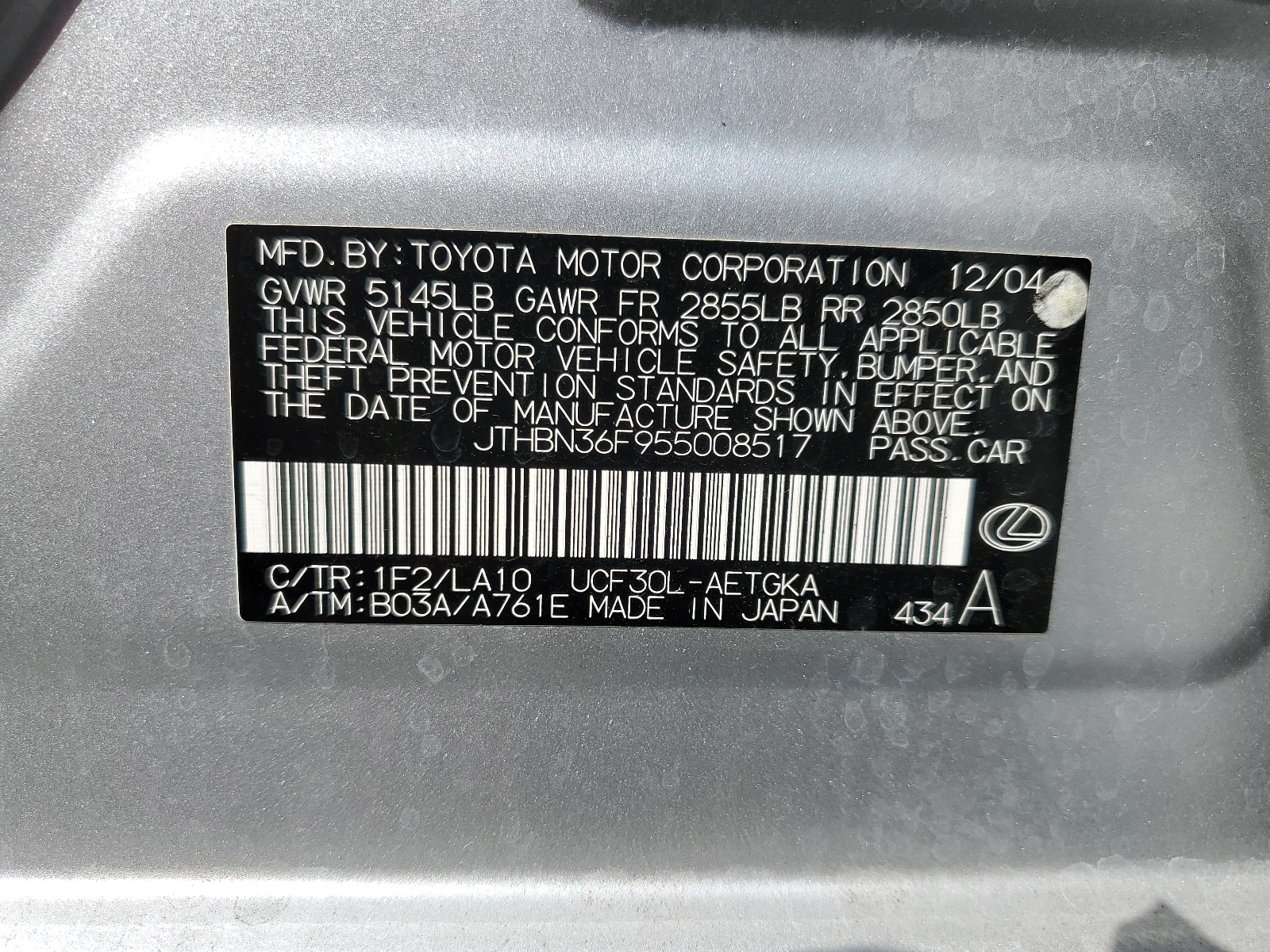 JTHBN36F955008517 2005 Lexus Ls 430