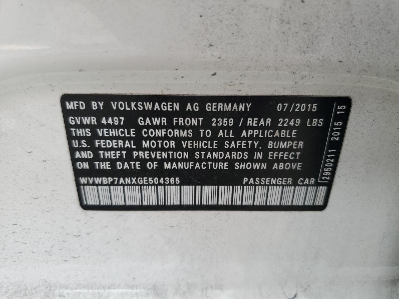 2016 Volkswagen Cc Base VIN: WVWBP7ANXGE504365 Lot: 65111114