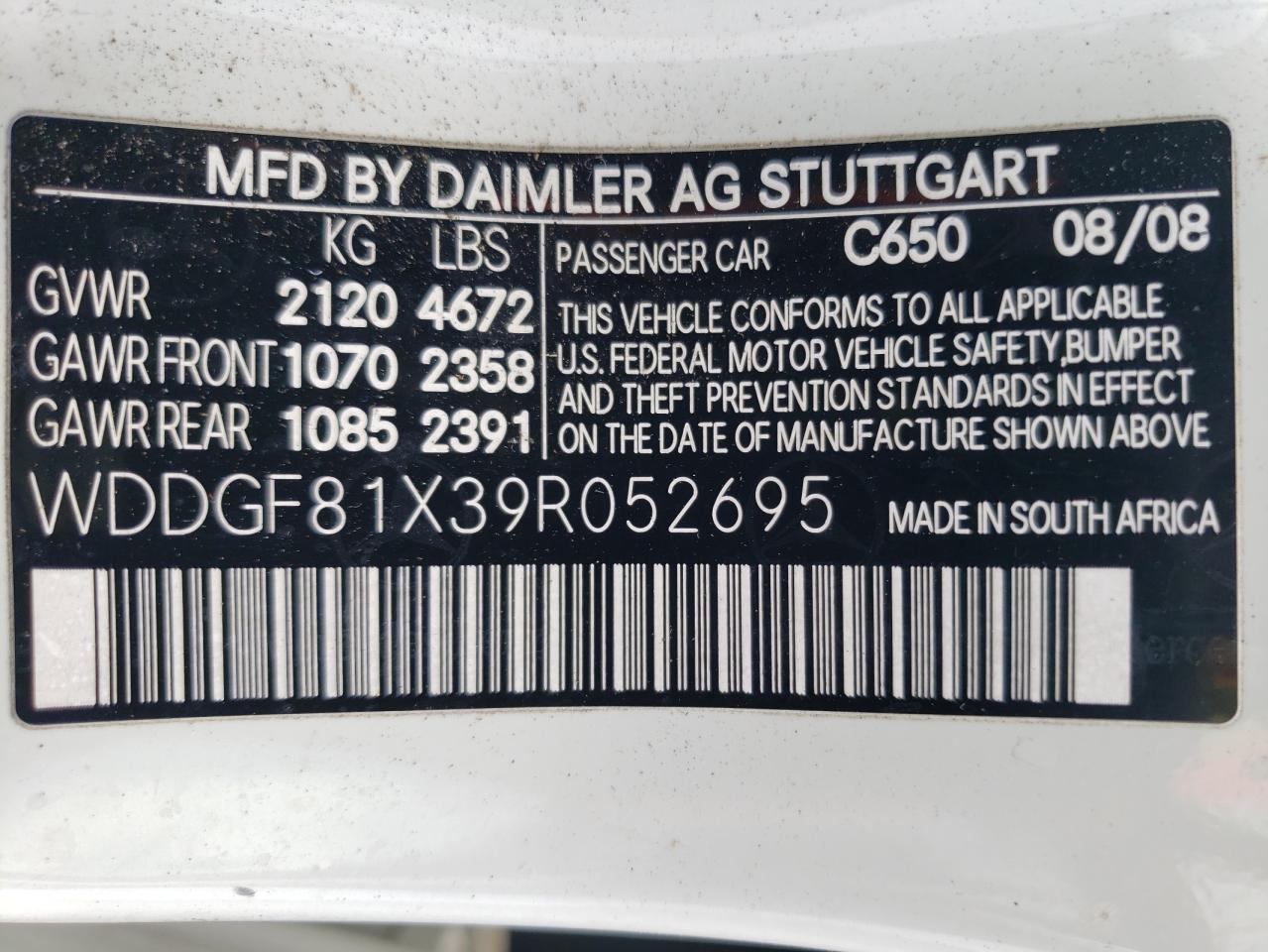 2009 Mercedes-Benz C 300 4Matic VIN: WDDGF81X39R052695 Lot: 62651104