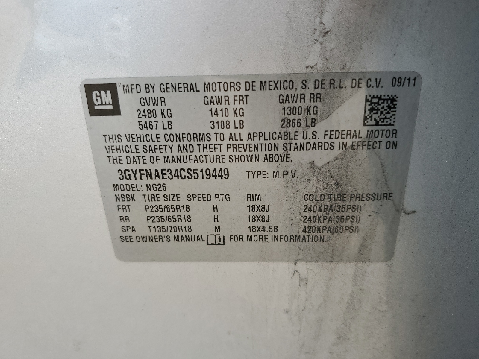 3GYFNAE34CS519449 2012 Cadillac Srx Luxury Collection