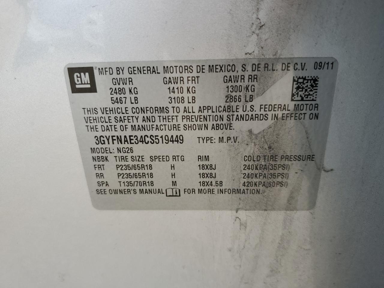 2012 Cadillac Srx Luxury Collection VIN: 3GYFNAE34CS519449 Lot: 63408504