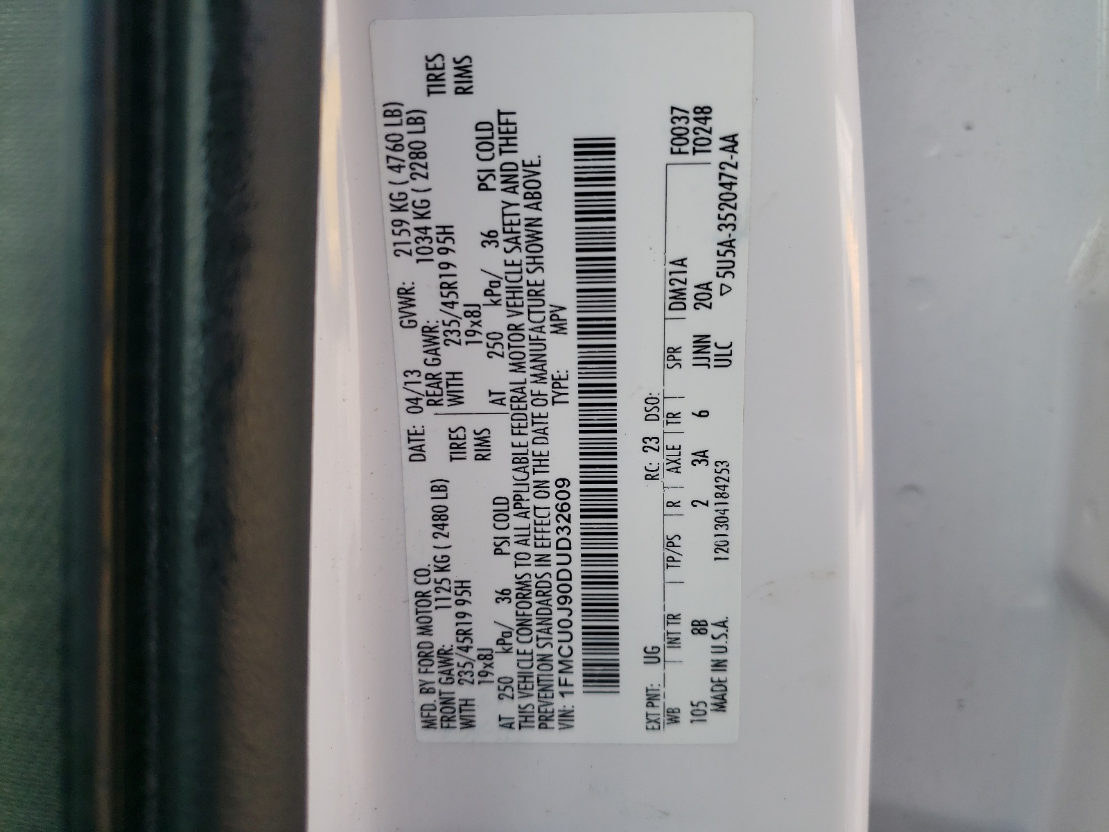 1FMCU0J90DUD32609 2013 Ford Escape Titanium