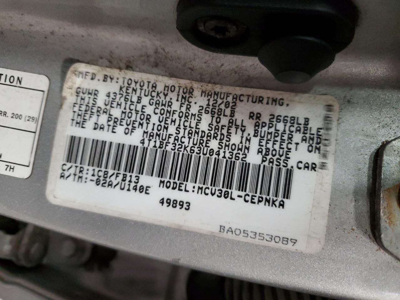 2003 Toyota Camry Le VIN: 4T1BF32K63U041362 Lot: 61292004