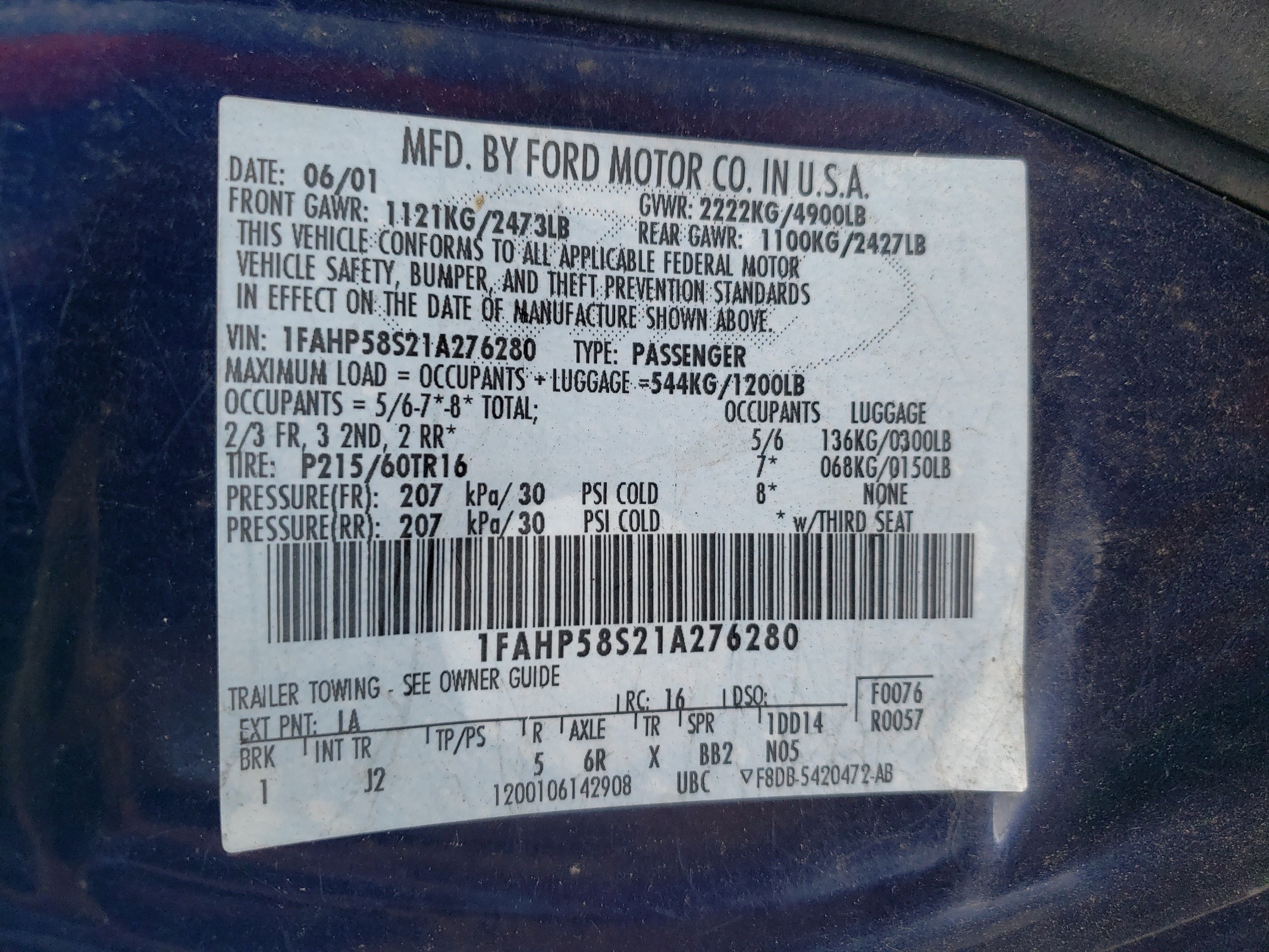 1FAHP58S21A276280 2001 Ford Taurus Se