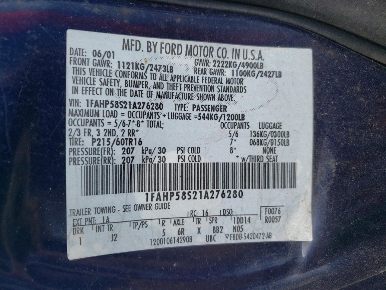 2001 Ford Taurus Se VIN: 1FAHP58S21A276280 Lot: 63236334