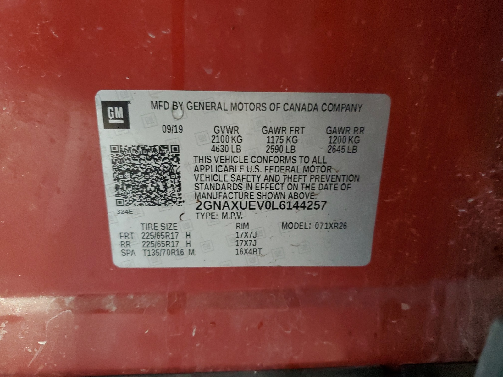 2GNAXUEV0L6144257 2020 Chevrolet Equinox Lt