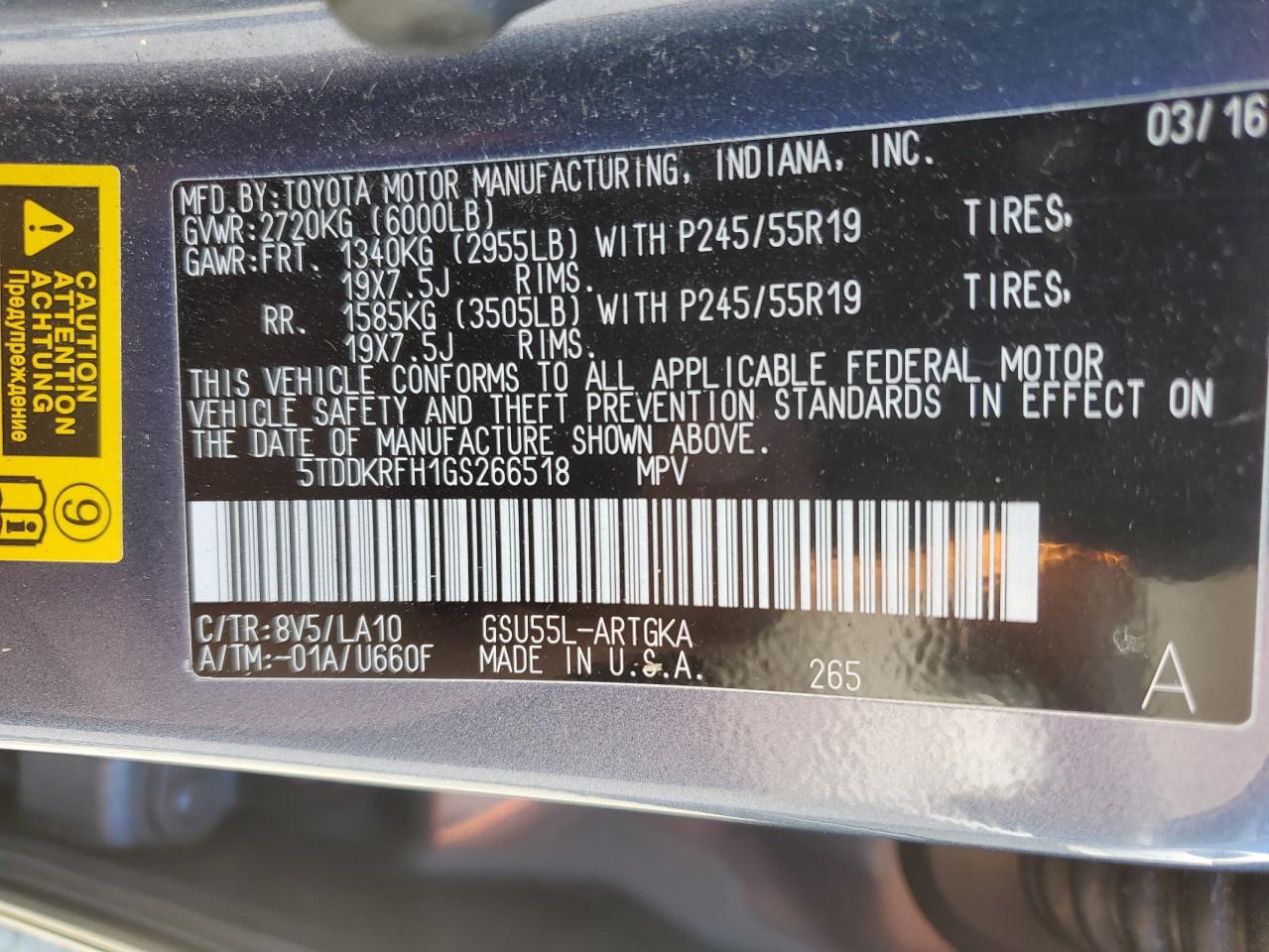 2016 Toyota Highlander Limited VIN: 5TDDKRFH1GS266518 Lot: 63307374