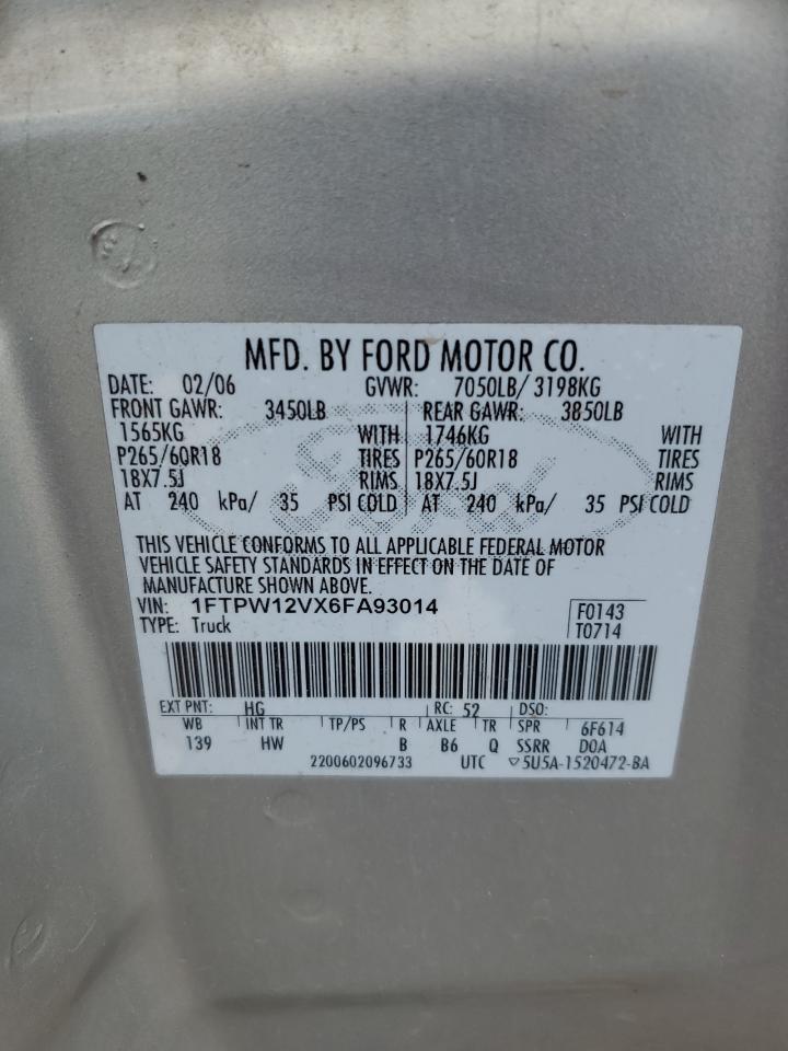 2006 Ford F150 Supercrew VIN: 1FTPW12VX6FA93014 Lot: 61446974