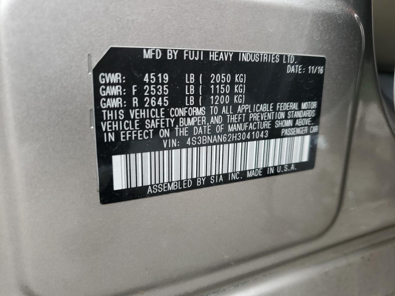 2017 Subaru Legacy 2.5I Limited VIN: 4S3BNAN62H3041043 Lot: 63201214