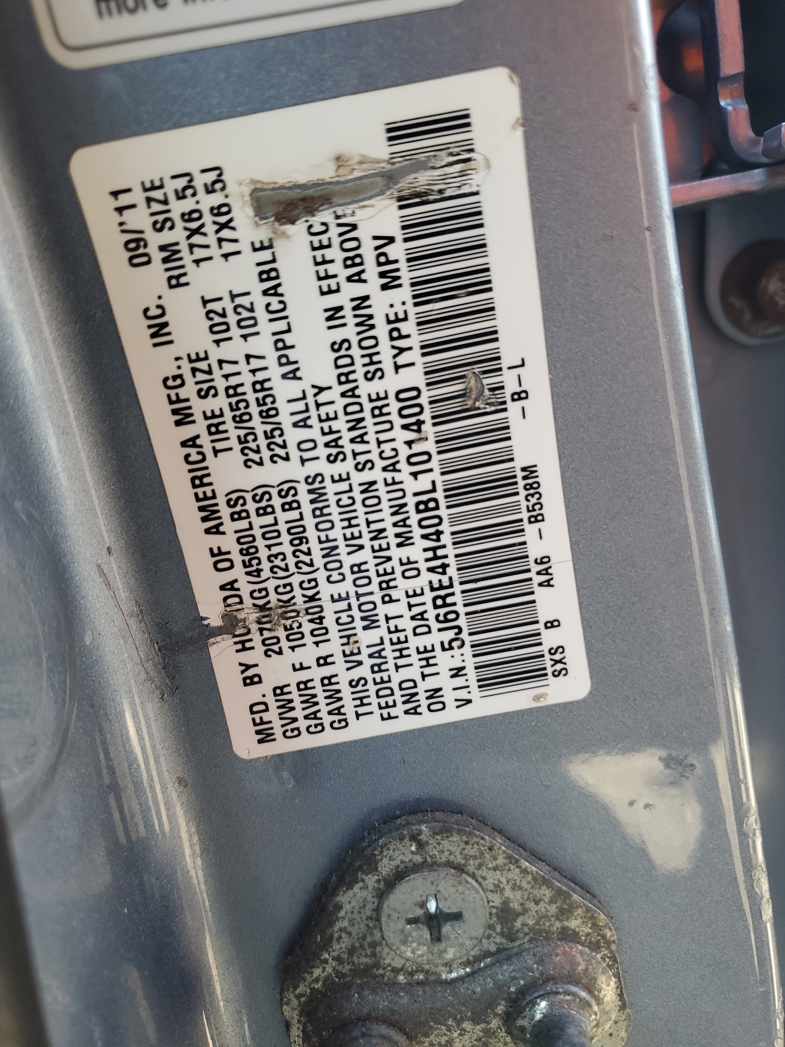 5J6RE4H40BL101400 2011 Honda Cr-V Se