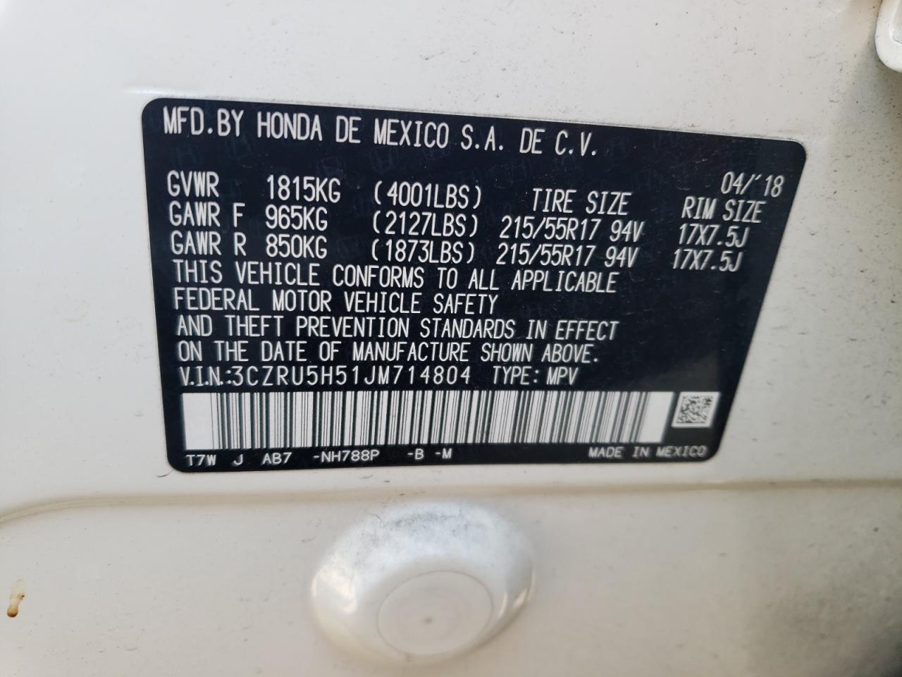 2018 Honda Hr-V Ex VIN: 3CZRU5H51JM714804 Lot: 64308924