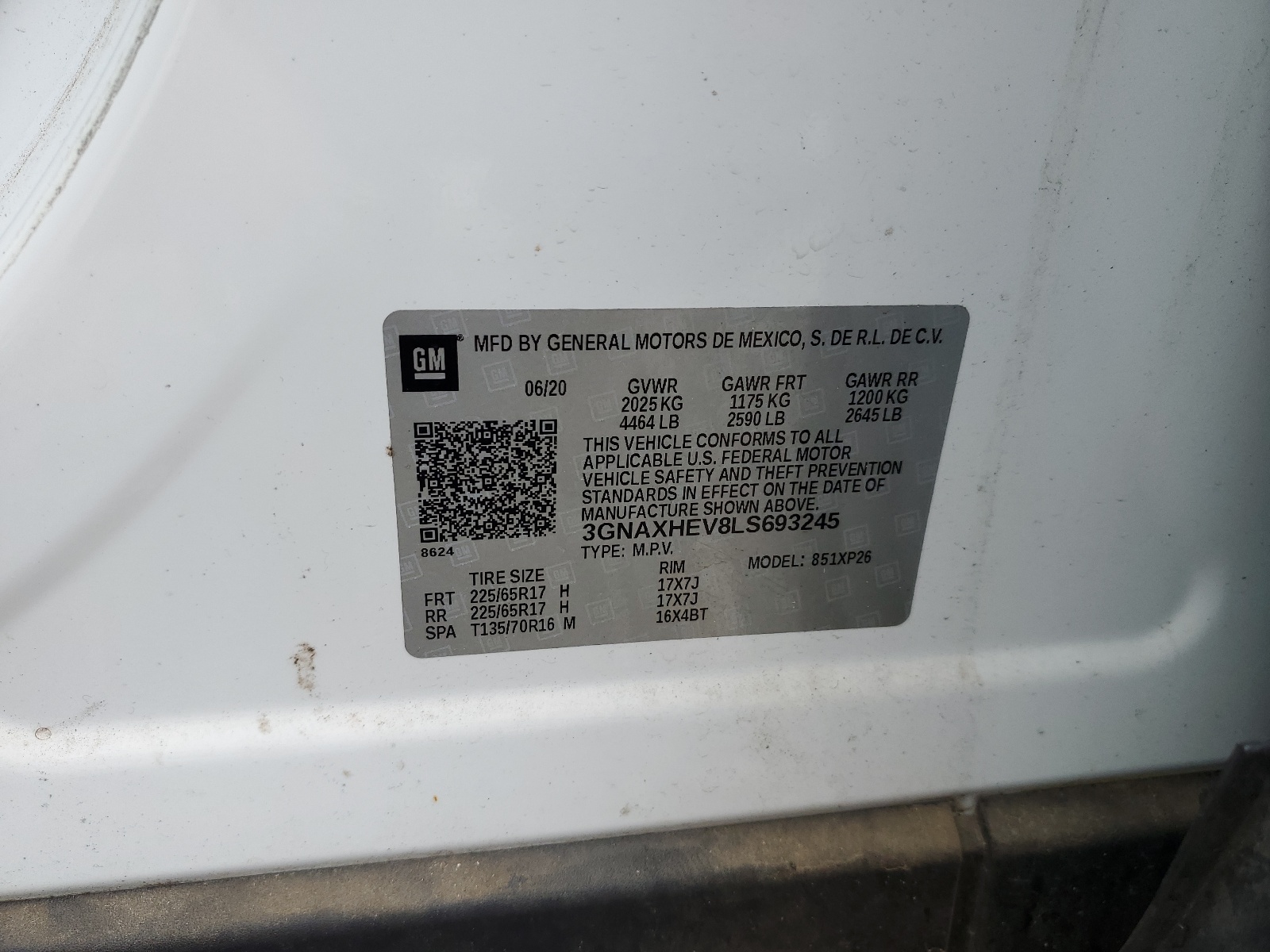 3GNAXHEV8LS693245 2020 Chevrolet Equinox Ls