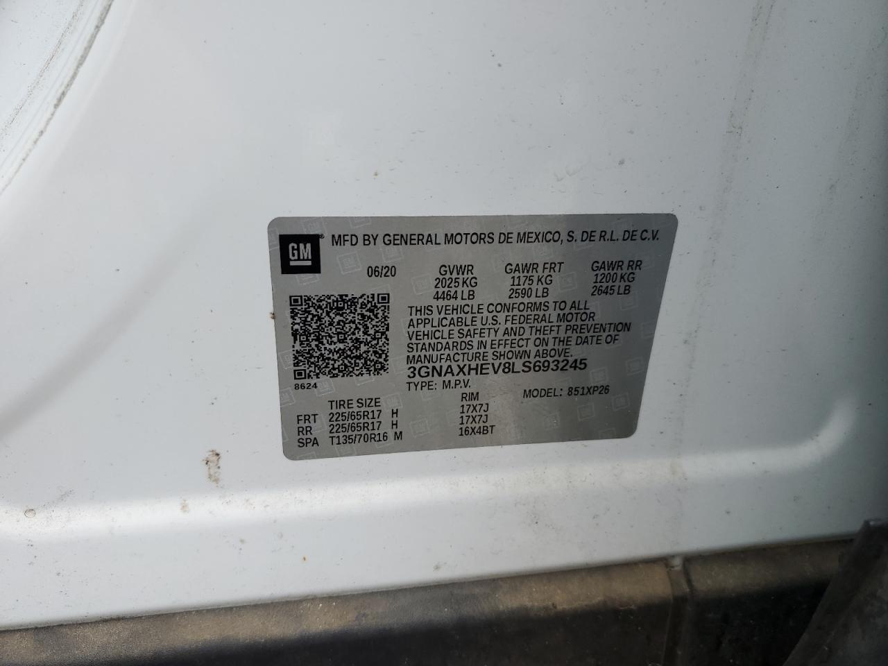 2020 Chevrolet Equinox Ls VIN: 3GNAXHEV8LS693245 Lot: 63668294