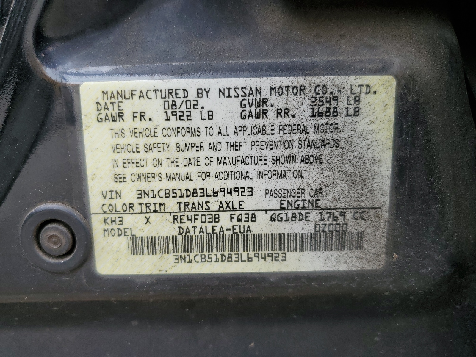 3N1CB51D83L694923 2003 Nissan Sentra Xe