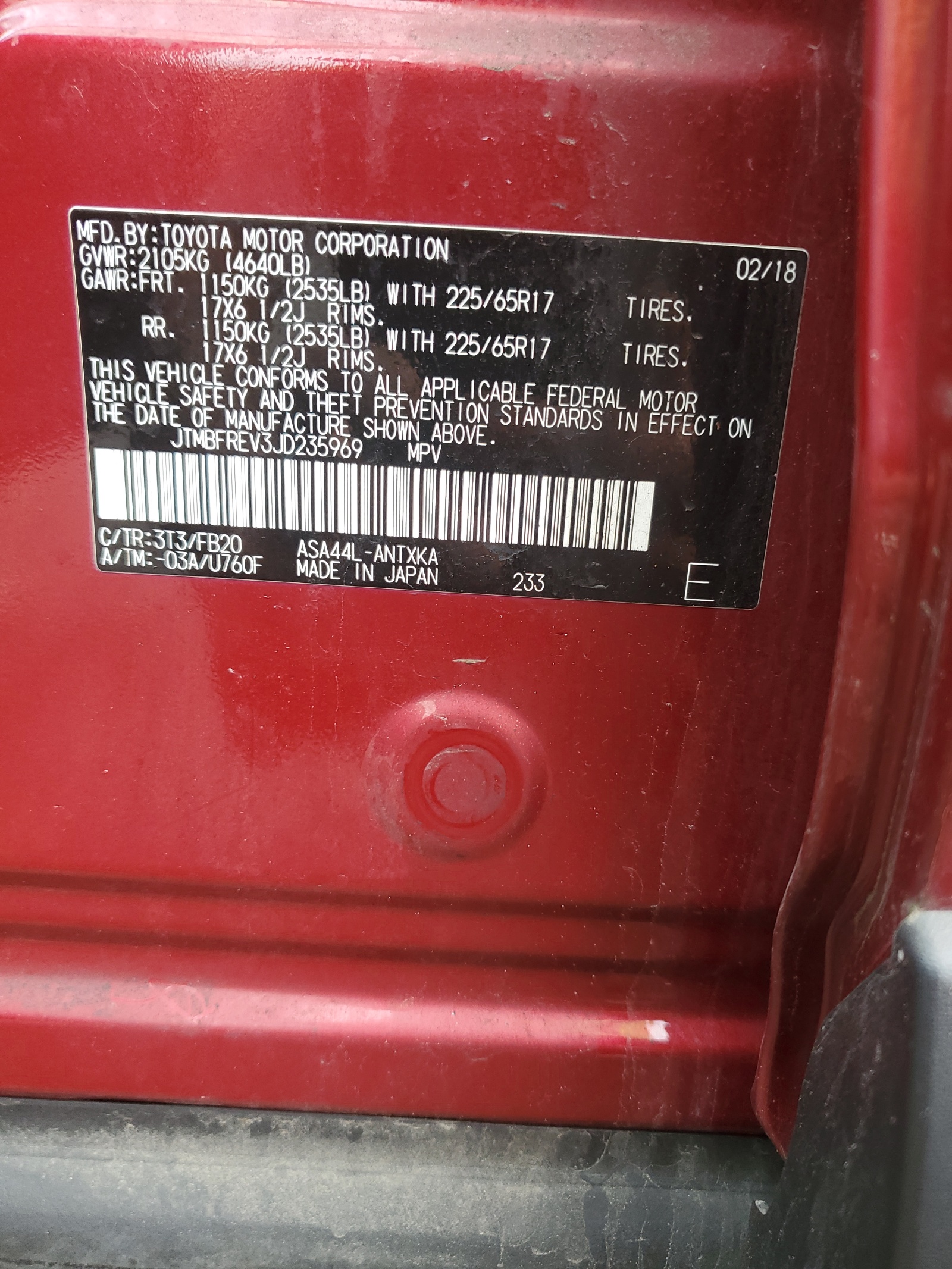 JTMBFREV3JD235969 2018 Toyota Rav4 Le