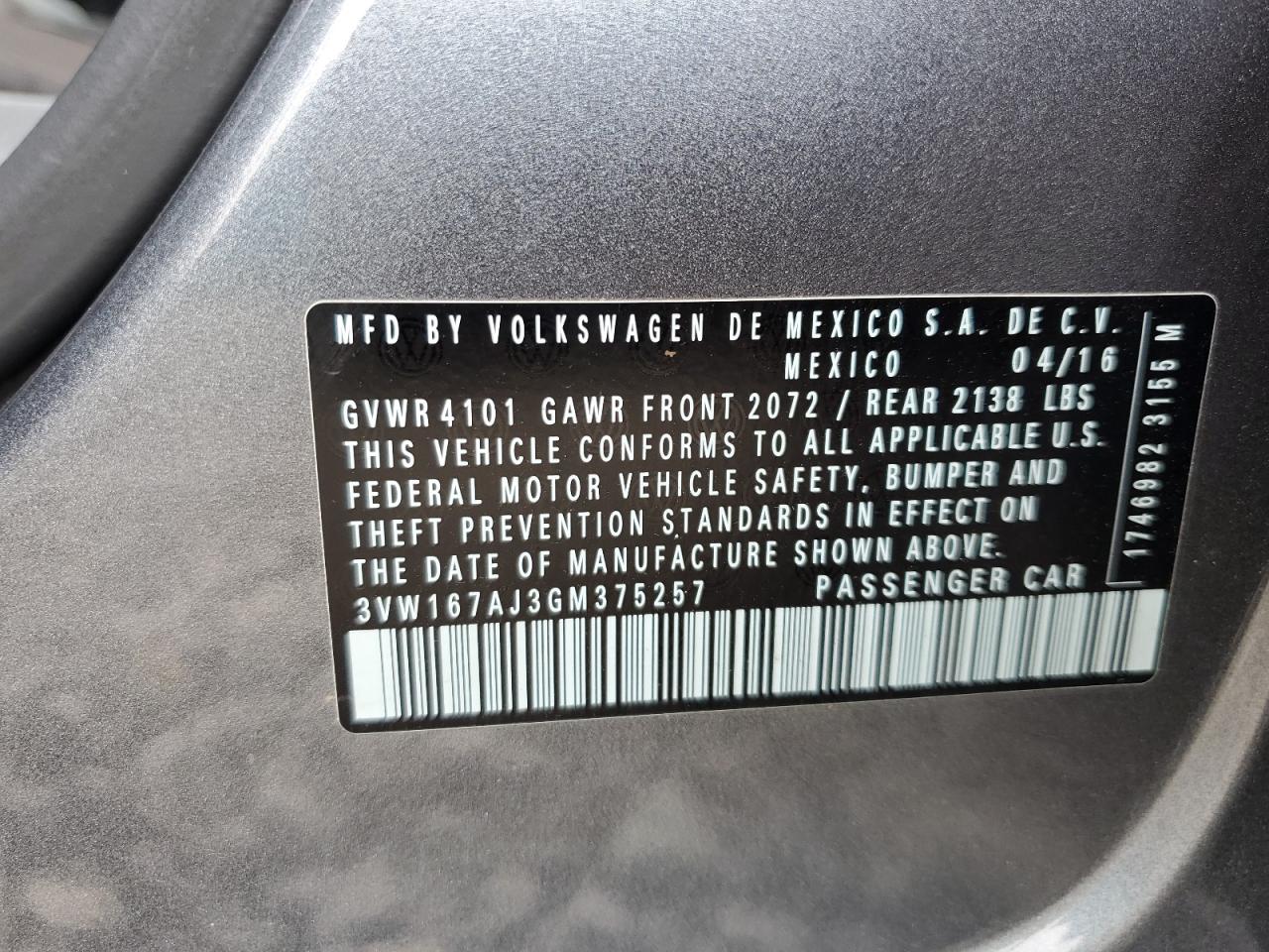 2016 Volkswagen Jetta S VIN: 3VW167AJ3GM375257 Lot: 65132374