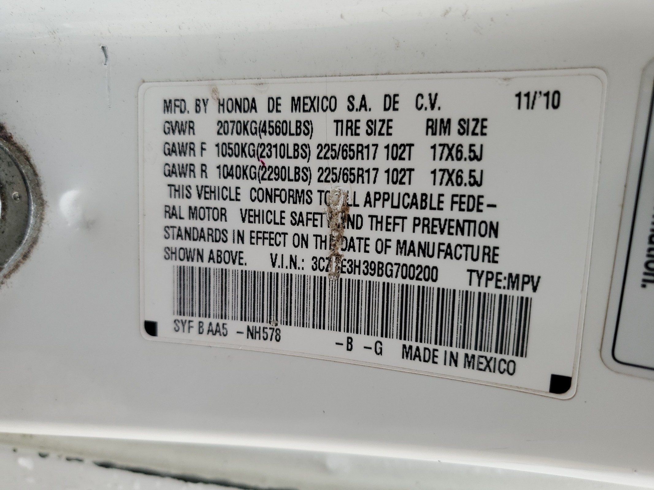 3CZRE3H39BG700200 2011 Honda Cr-V Lx