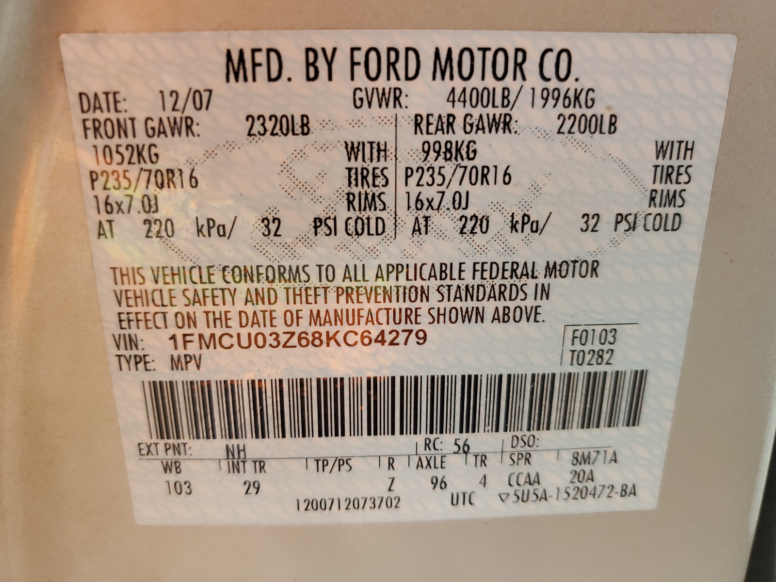 1FMCU03Z68KC64279 2008 Ford Escape Xlt