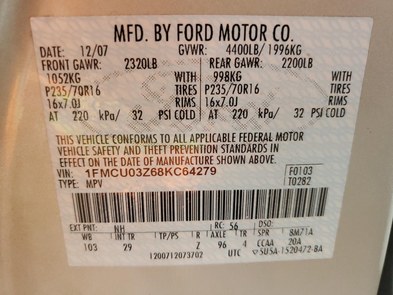 2008 Ford Escape Xlt VIN: 1FMCU03Z68KC64279 Lot: 64270314