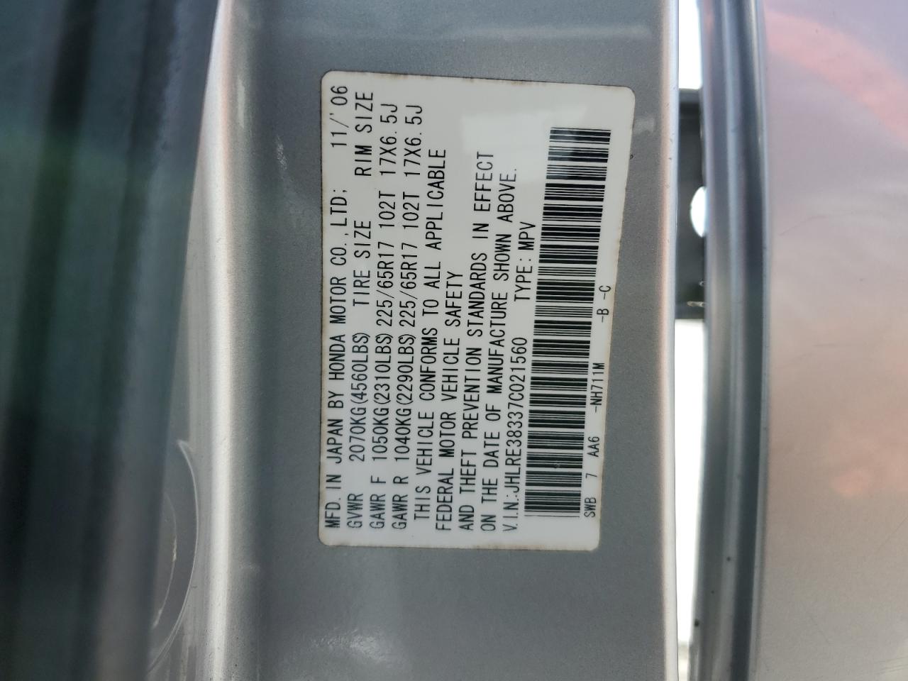 2007 Honda Cr-V Lx VIN: JHLRE38337C021560 Lot: 64981354