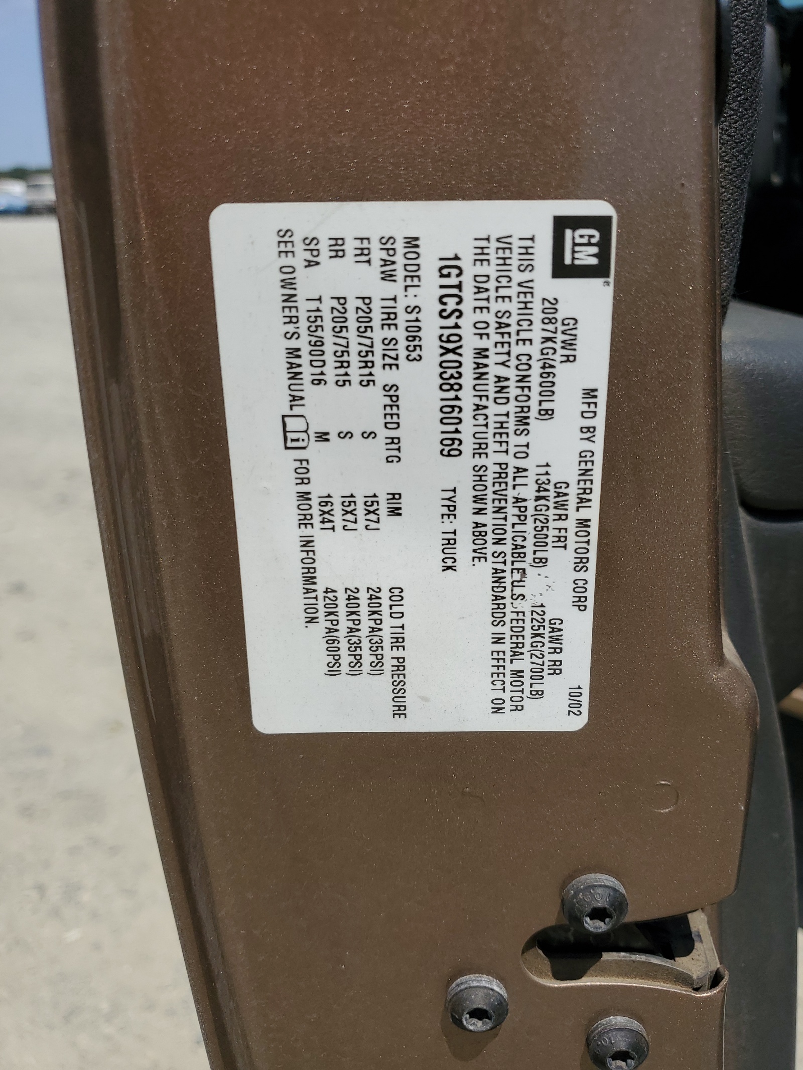 1GTCS19X038160169 2003 GMC Sonoma