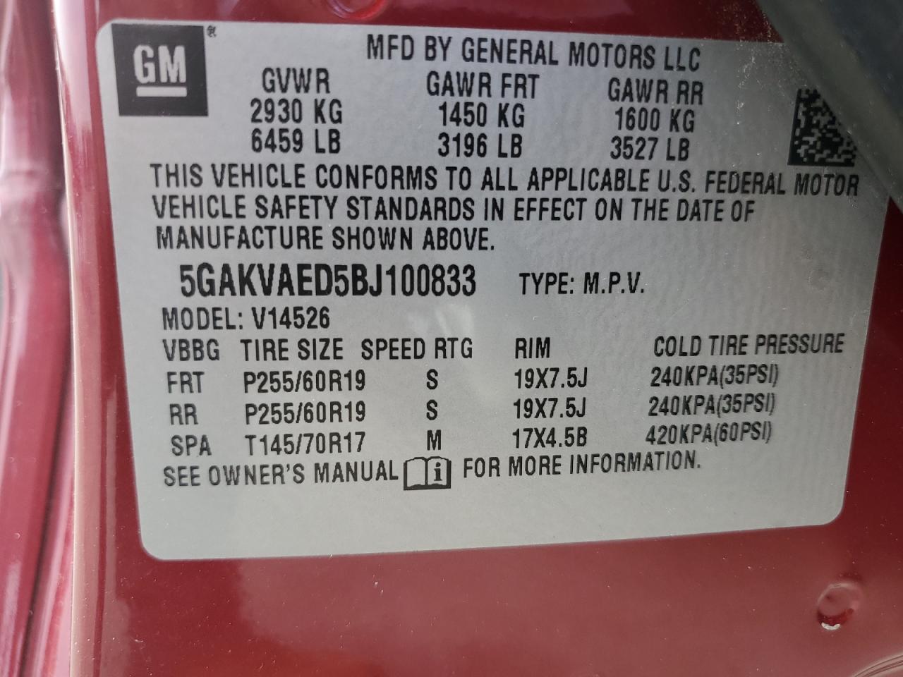 2011 Buick Enclave Cx VIN: 5GAKVAED5BJ100833 Lot: 63469064