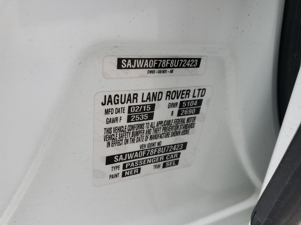 2015 Jaguar Xf 3.0 Sport VIN: SAJWA0F78F8U72423 Lot: 61926624