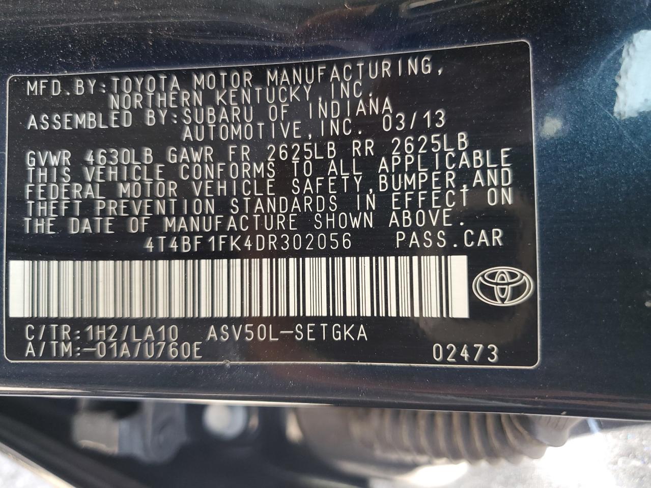 4T4BF1FK4DR302056 2013 Toyota Camry L