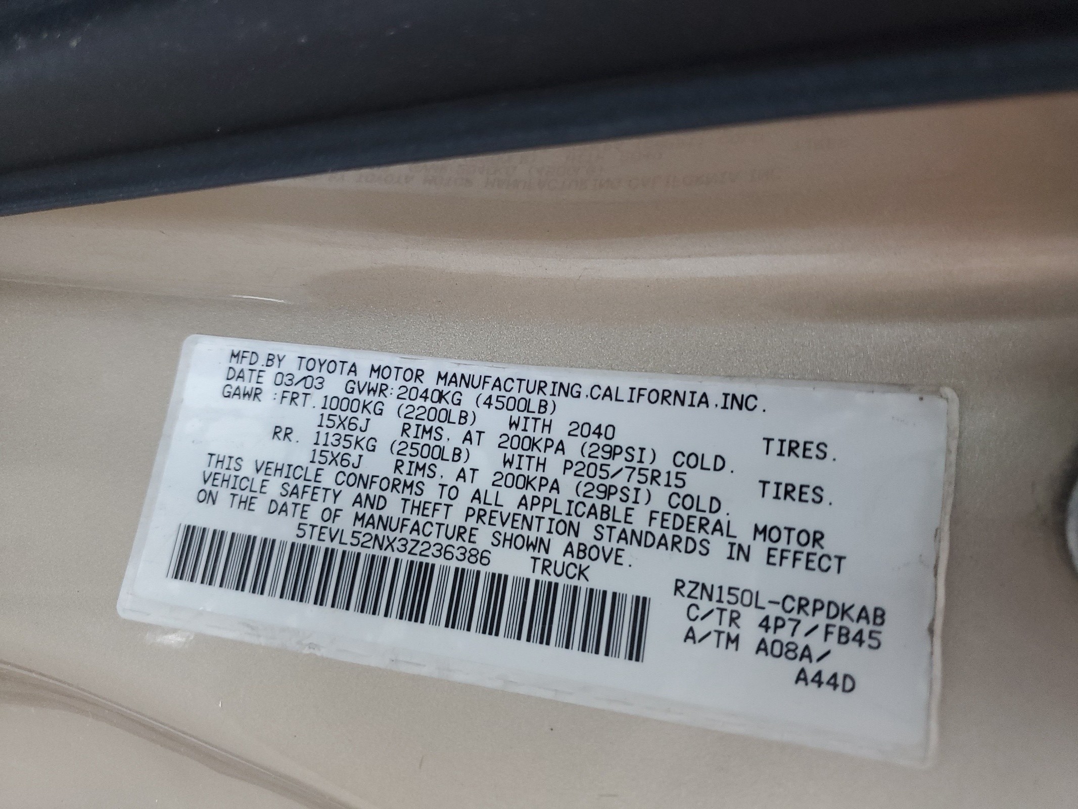 5TEVL52NX3Z236386 2003 Toyota Tacoma Xtracab