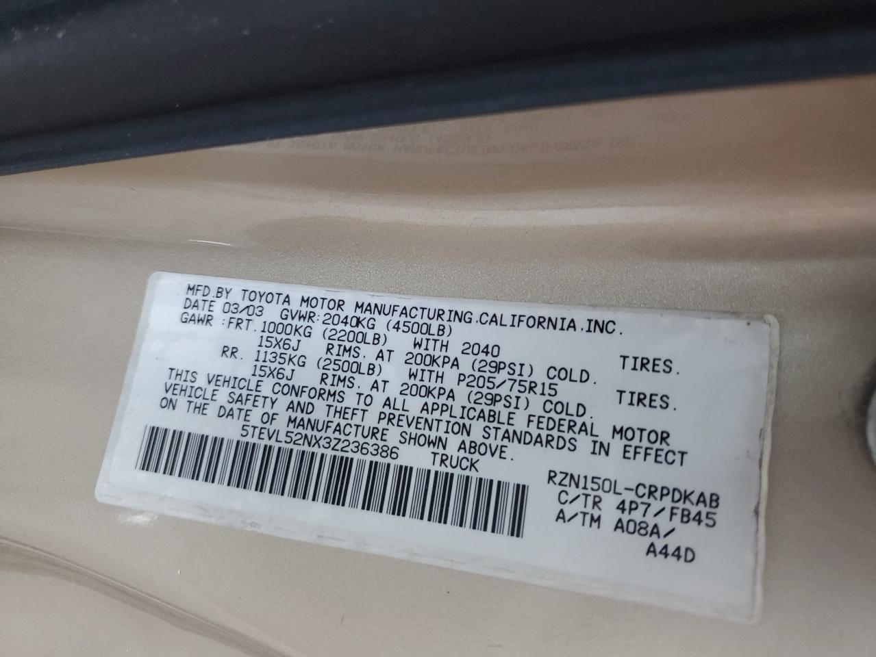 2003 Toyota Tacoma Xtracab VIN: 5TEVL52NX3Z236386 Lot: 63083674