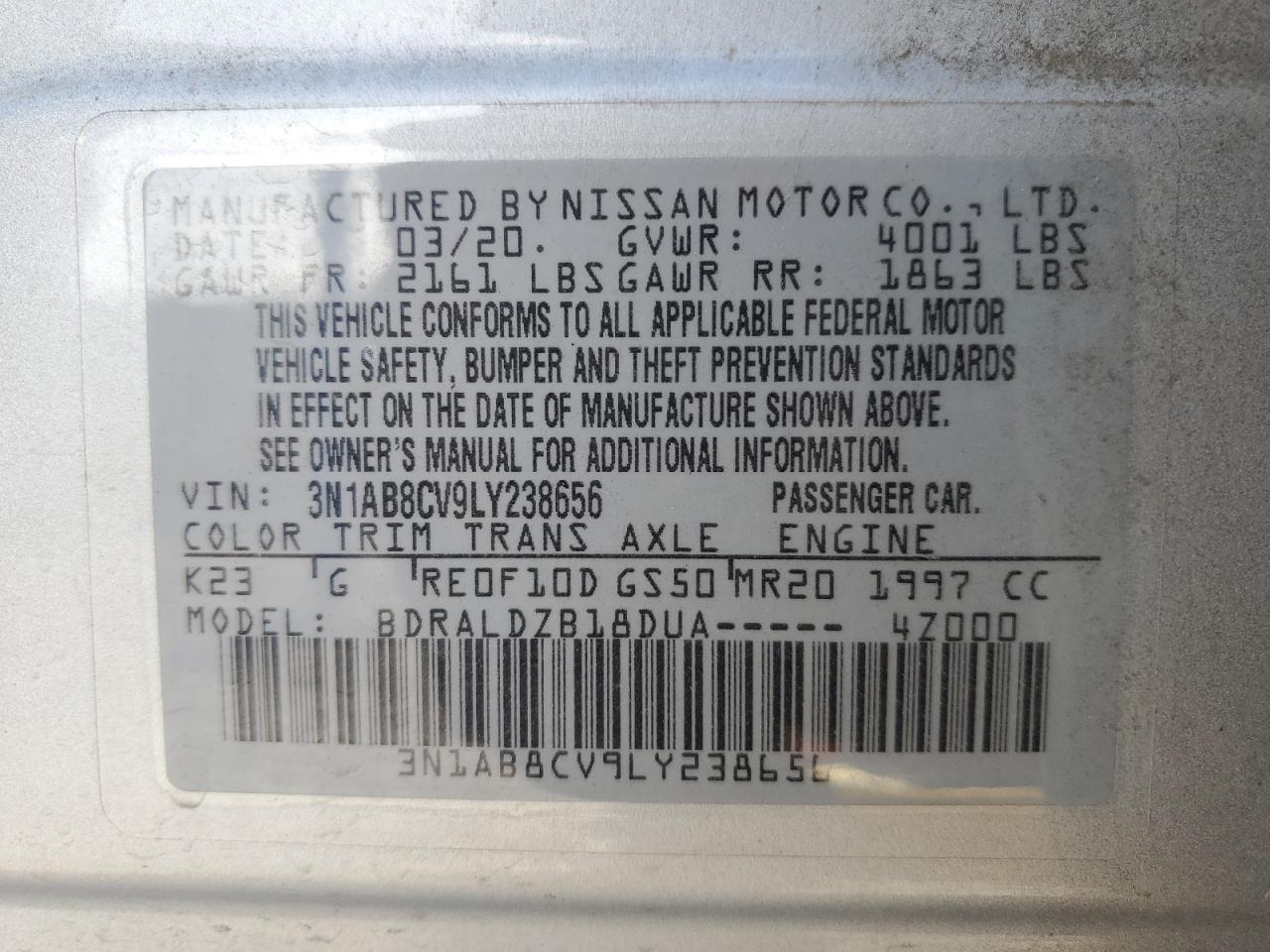 2020 Nissan Sentra Sv VIN: 3N1AB8CV9LY238656 Lot: 64598234