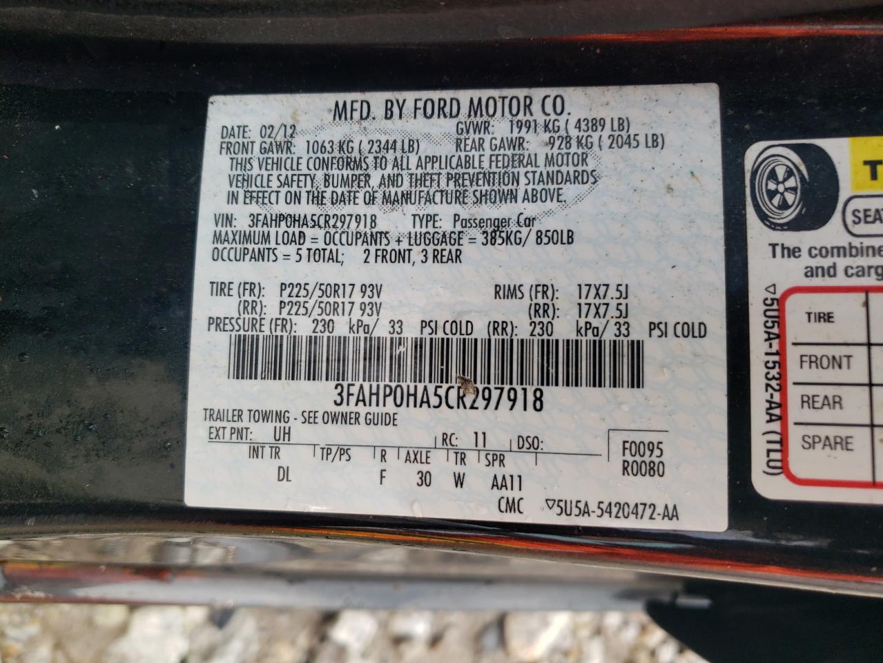 2012 Ford Fusion Se VIN: 3FAHP0HA5CR297918 Lot: 65224264