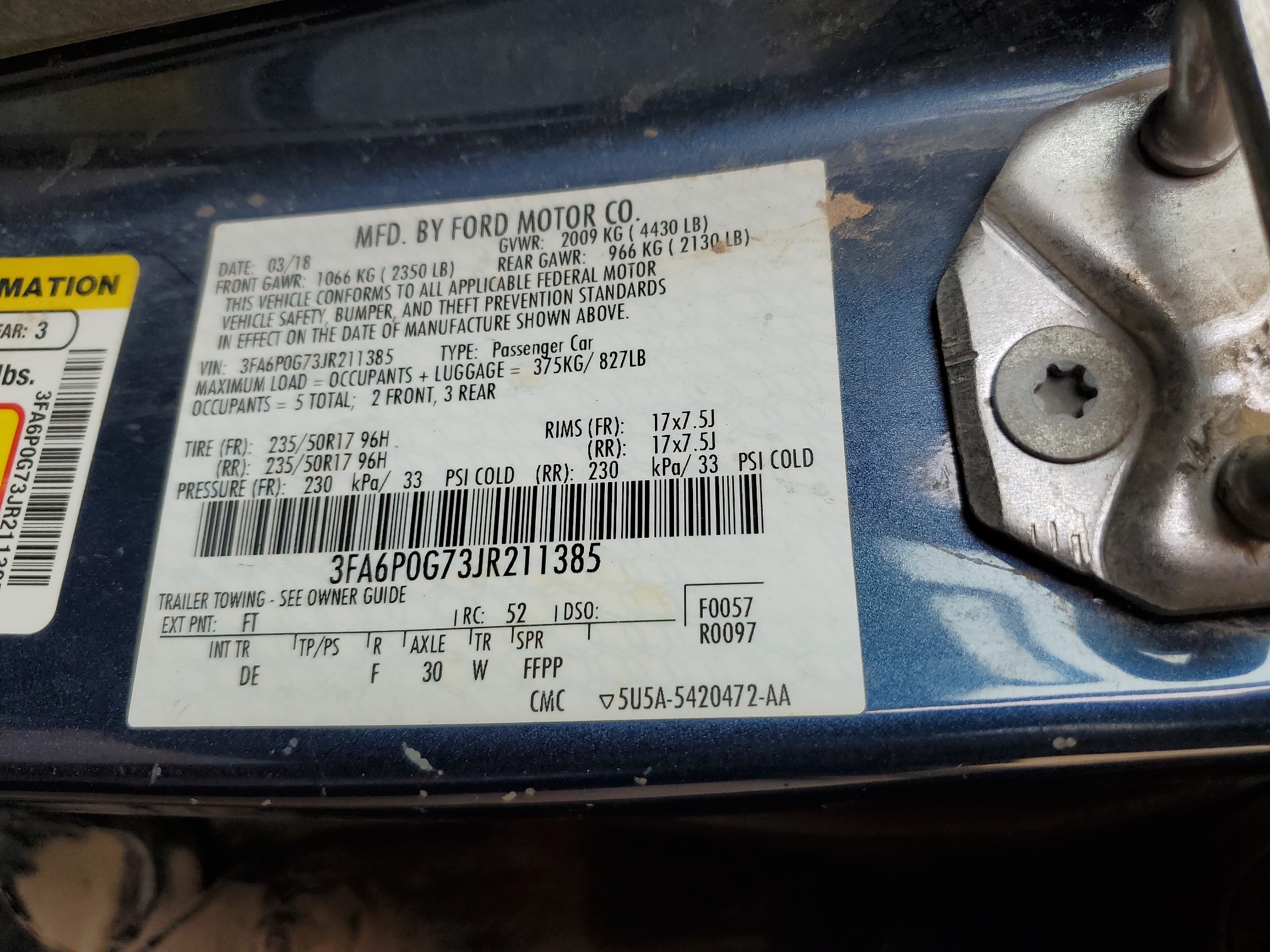 3FA6P0G73JR211385 2018 Ford Fusion S