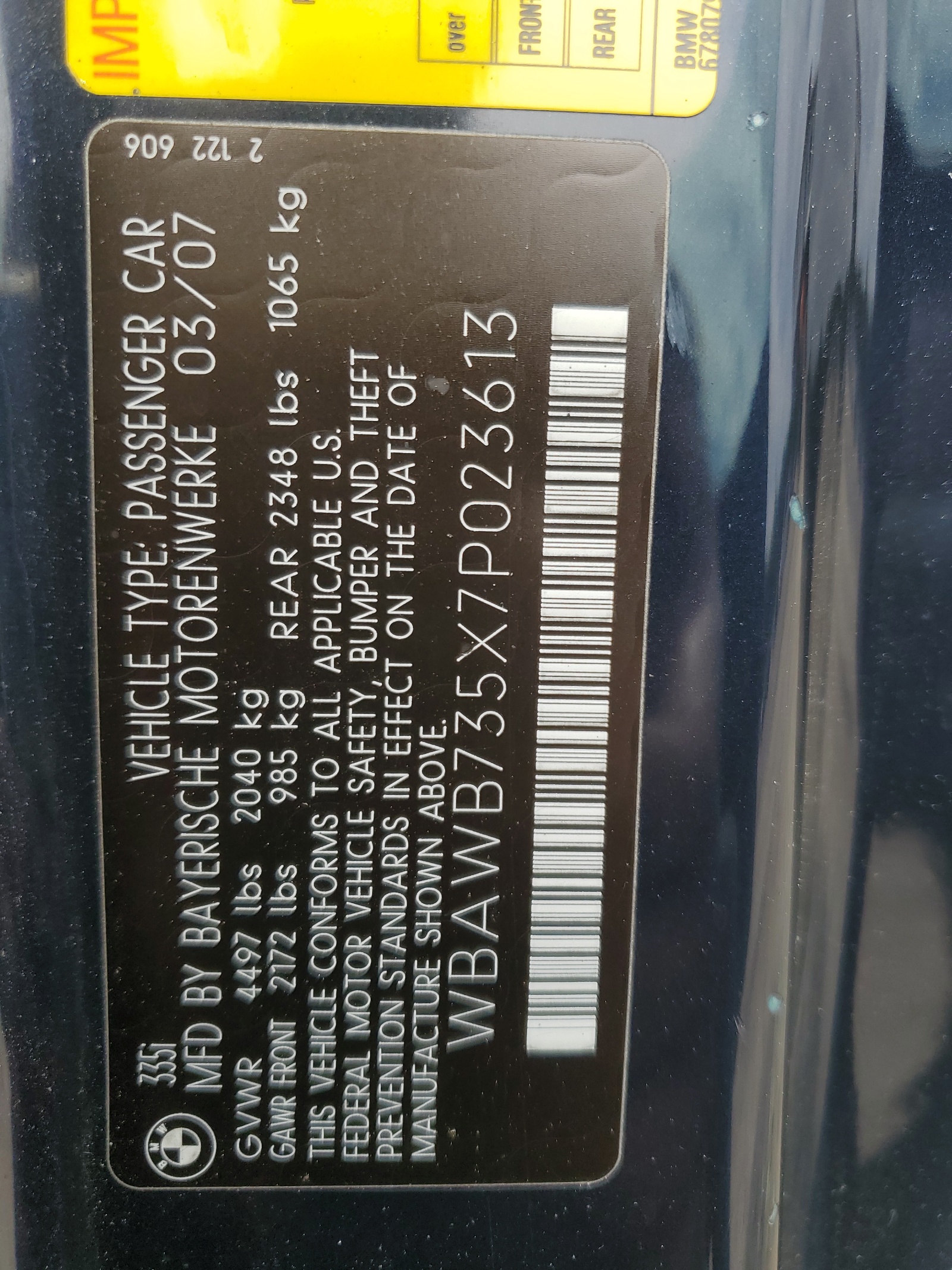 WBAWB735X7P023613 2007 BMW 335 I