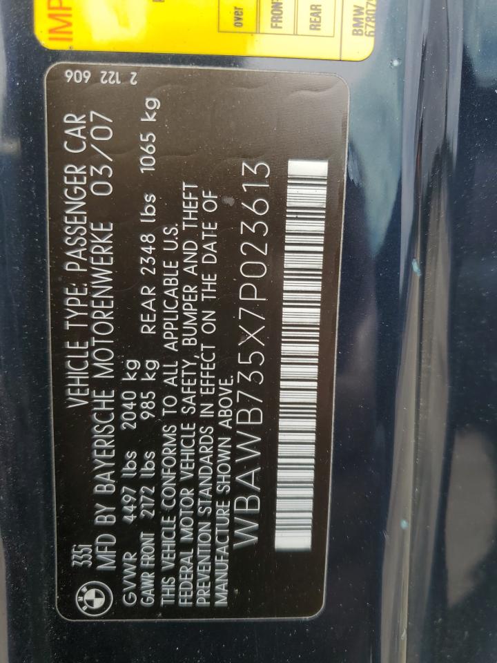 2007 BMW 335 I VIN: WBAWB735X7P023613 Lot: 62788364